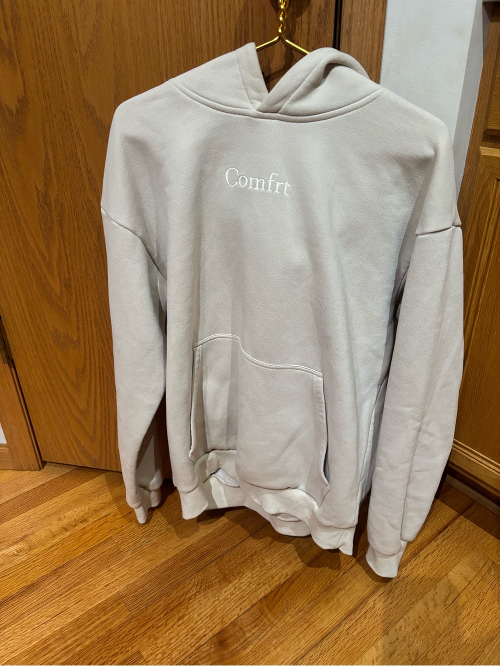 Comfort Embroidered Cream Hoodie - Men's Relaxed Pullover